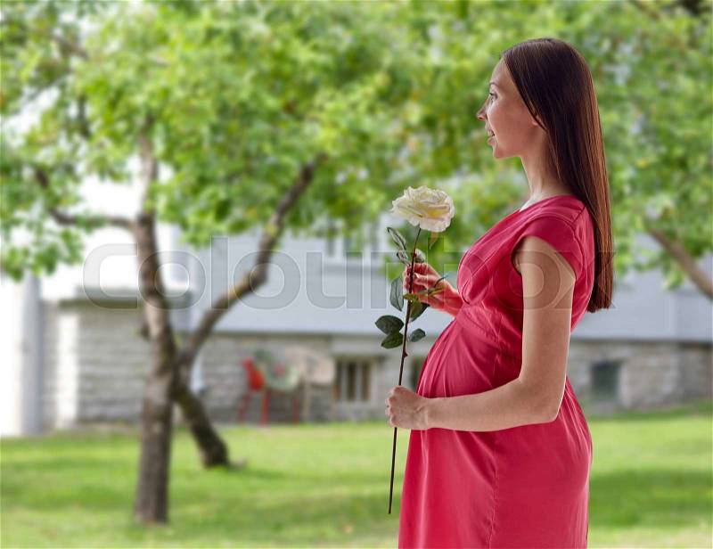 Pregnancy, motherhood, people, holidays and expectation concept - happy pregnant woman with white rose flower over home yard or garden background, stock photo