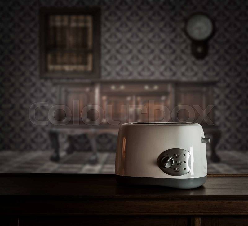 White toaster on wooden cupboard in vintage interior, stock photo