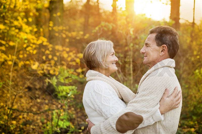 Active seniors on a walk in a park hugging, stock photo
