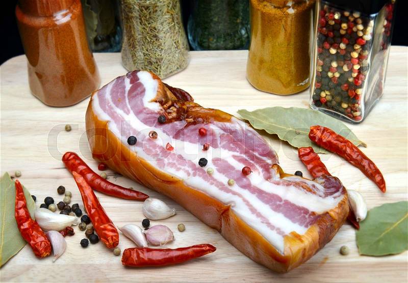 Smoked bacon spicy cooking style in the kitchen, stock photo