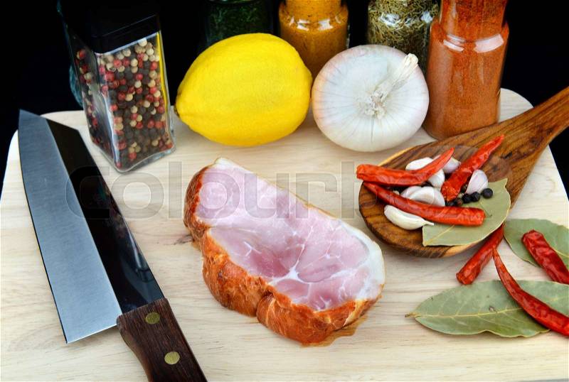 Smoked ham spicy cooking style in the kitchen, stock photo