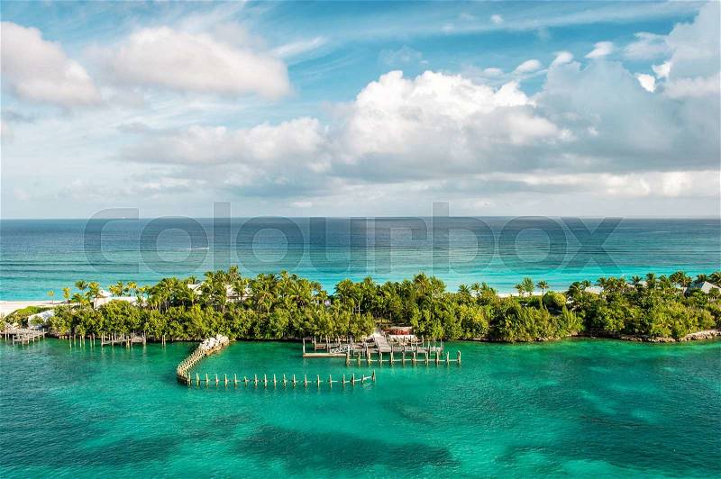 Turquoise sea and blue sky. Nature landscape Caribbean sea. Bahamas. Nassau, stock photo