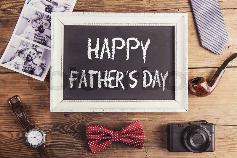 Fathers day composition on wooden desk background, stock photo