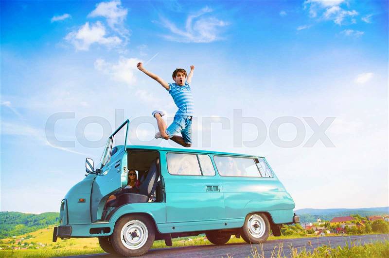 Teenage friends on a road trip on a summers day, stock photo