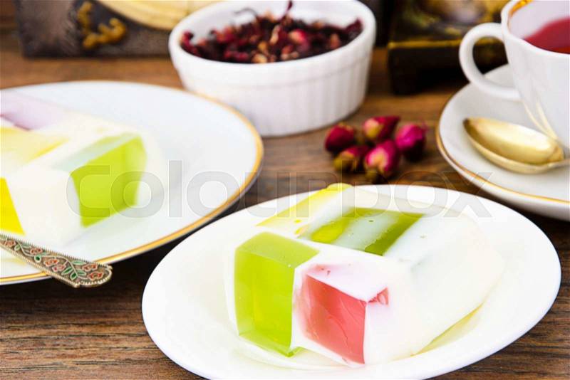 Diet Dessert: Fruit Jelly, Gelatin and Tea. Studio Photo, stock photo