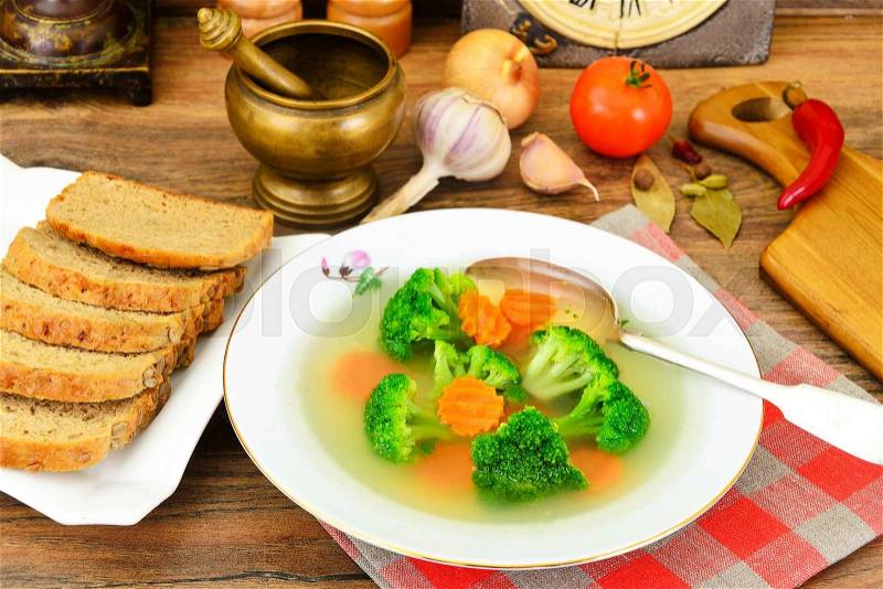 Broccoli and Carrots Soup. Diet Fitness Nutrition Studio Photo, stock photo