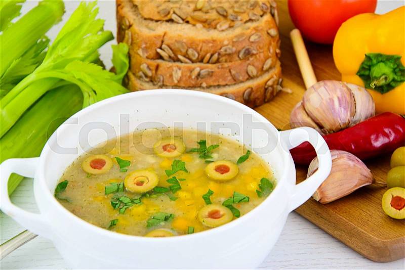 Barley Soup with Olives and Peppers. Diet Food, stock photo