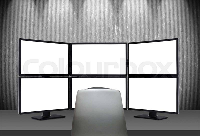 Six empty screens on table in room, stock photo