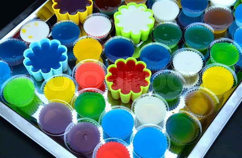 Homemade colorful cup jelly for party so funny for people, stock photo