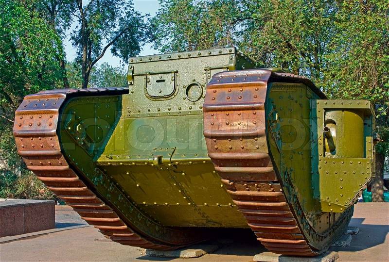 Old English tank on pedestal. HDR image, stock photo