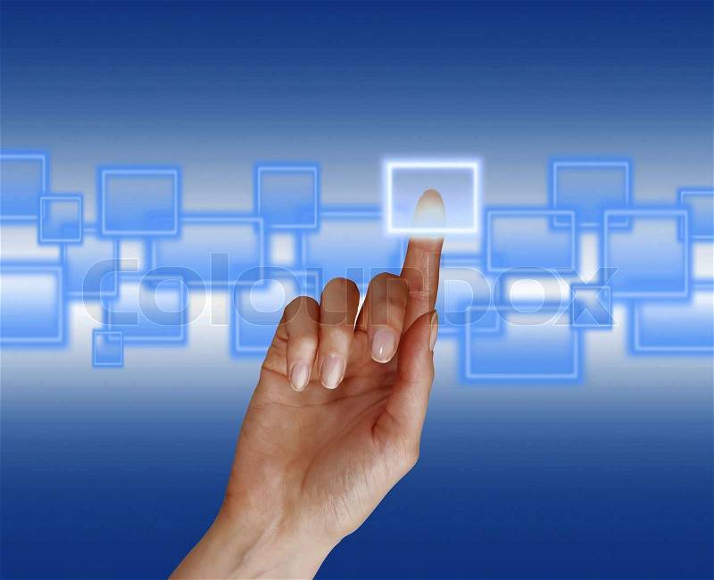 Woman hand pushing a button on a touch screen interface, stock photo