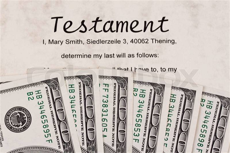 Many dollar bills and Testament in english language, stock photo
