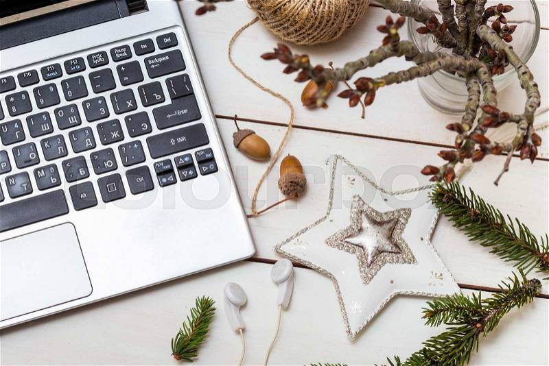Work and holiday - laptop and Christmas decor , stock photo