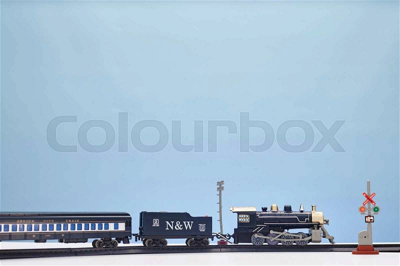A close studio photo of a toy train set, stock photo