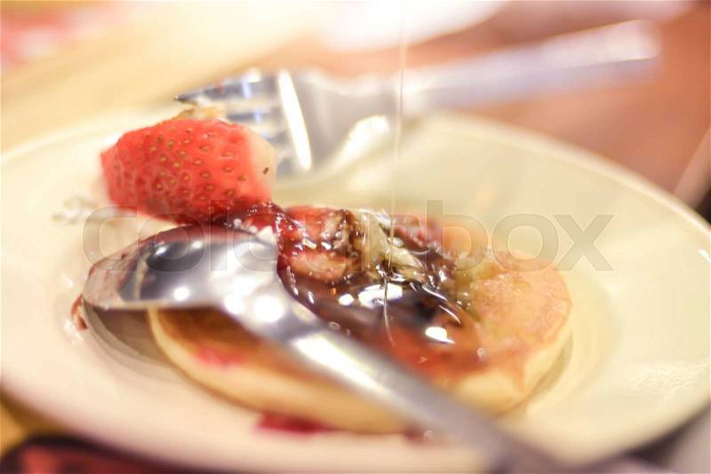 Ice cream and pancake for dessert with honey, stock photo