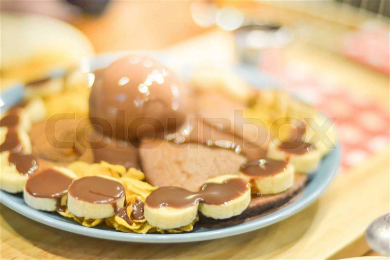 Ice creamchocolate and pancake for dessert with honey, stock photo