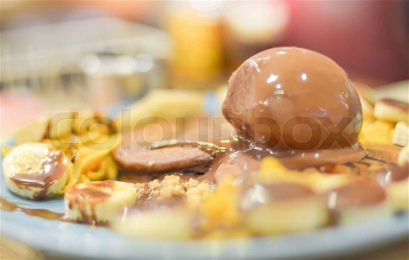 Ice creamchocolate and pancake for dessert with honey, stock photo