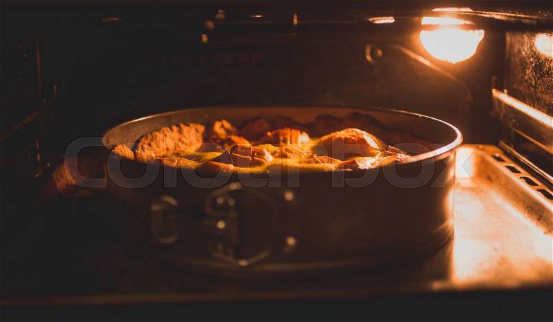 Closeup photo of traditional apple pie in oven, stock photo