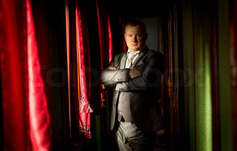 Portrait of handsome man in vintage suit posing in train corridor, stock photo