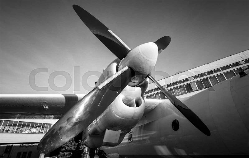 Black and white photo of old airplane engine, stock photo
