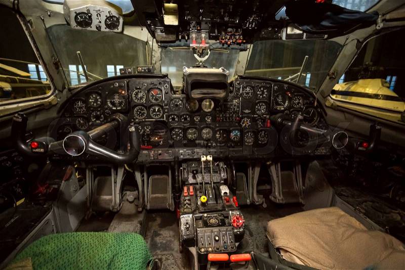 Closeup photo of dashboard in civil airplane cockpit, stock photo