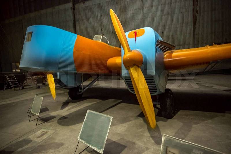 First airplane made for flights in Arctics with wooden propellers in museum of aviation, stock photo