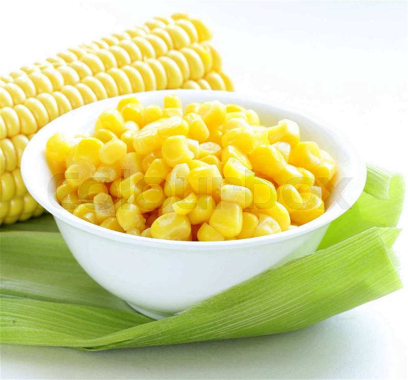 Canned corn in a bowl and fresh cobs, stock photo