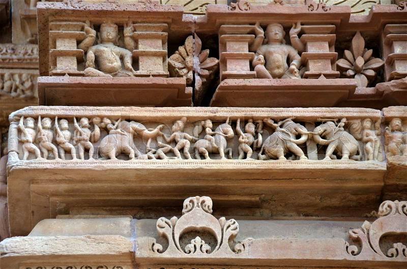 War, Carvings on Temple walls at Khajuraho AD 930-950, stock photo