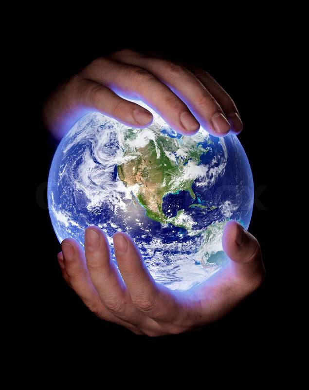 Man holding a glowing earth globe in his hands. Earth image provided by Nasa, stock photo