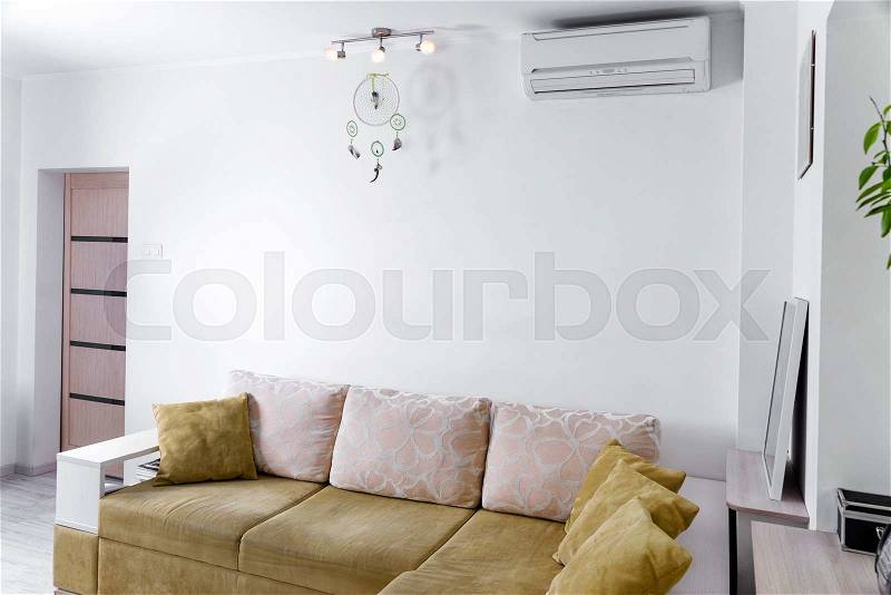 Modern simple interior design in light apartments. Living room interior, stock photo