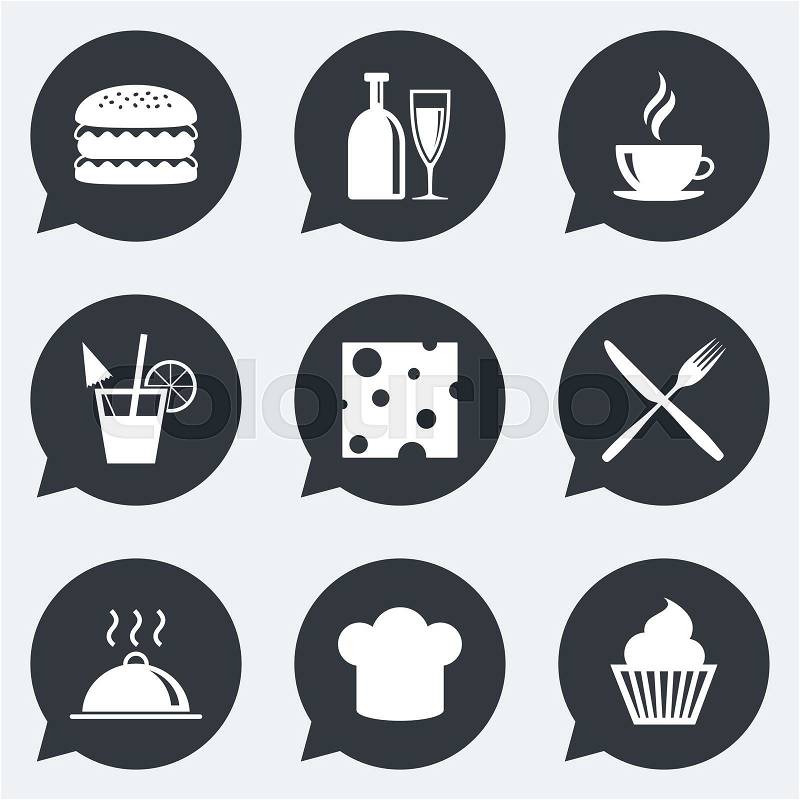 Food, drink icons. Coffee and hamburger signs. Cocktail, cheese and cupcake symbols. Flat icons in speech bubble pointers, vector
