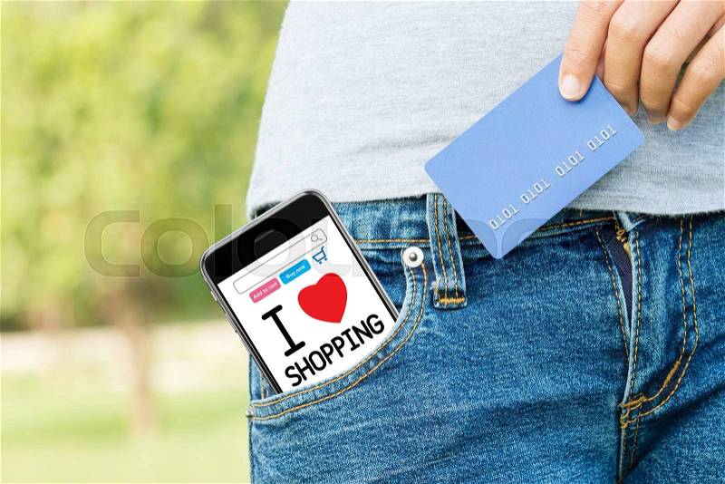 Easy shopping online everywhere with phone and credit card, stock photo