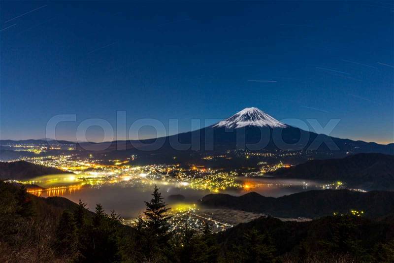 Aerial Mount Fuji with kawaguchiko Lake at night, stock photo