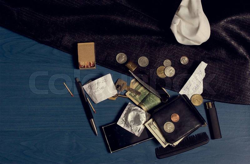 The contents of the pockets of men jacket, it is possible to check his wife. Or at customs, stock photo