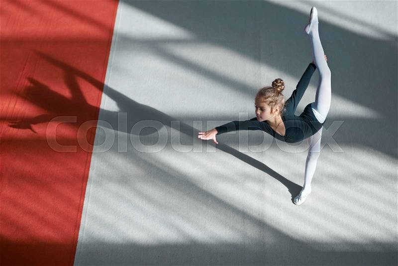 Girl doing the balance in the hall rhythmic gymnastics, stock photo