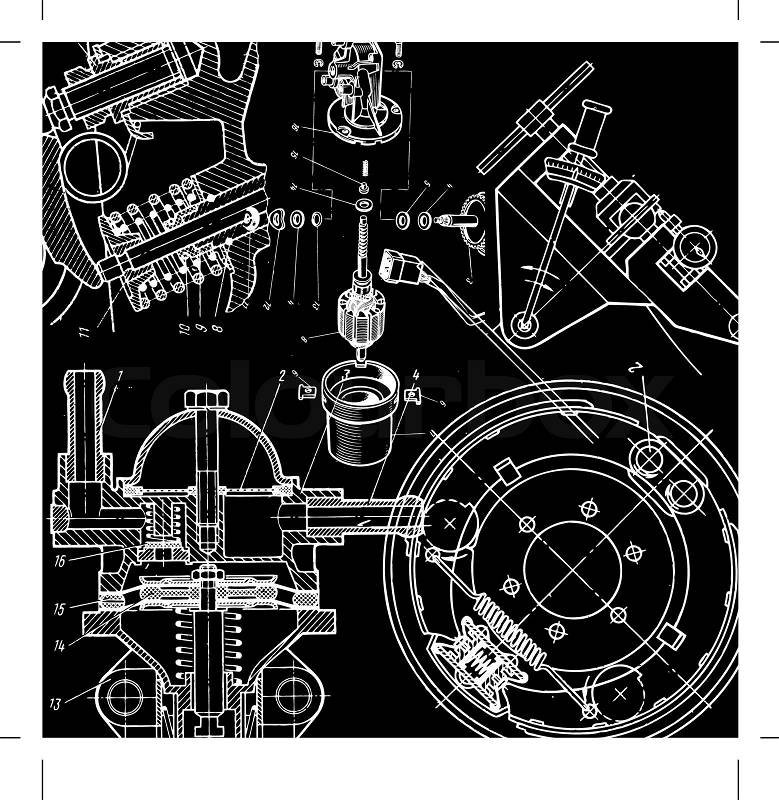 Technical drawing or blueprint on black background | Stock ...