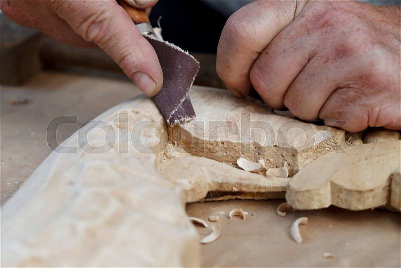 A wood carvings, tools and processes work closeup, stock photo