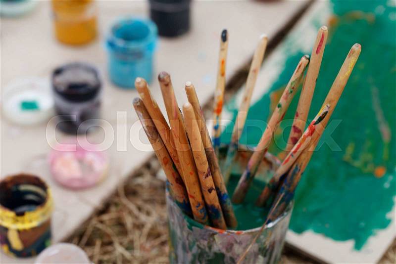 A lot of brushes for painting, fine arts background, stock photo