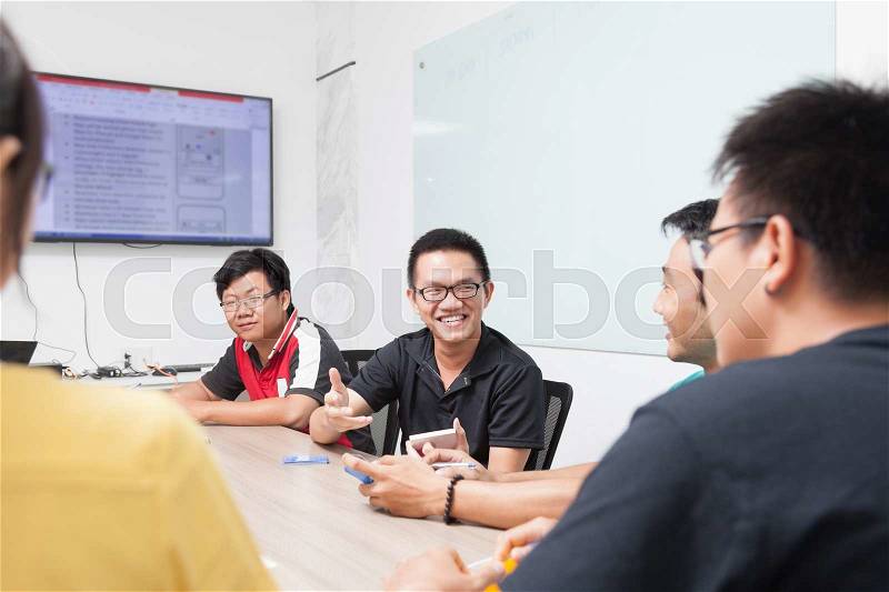 Asian business people group meeting room collaboration colleagues discussing conference desk real office team, stock photo