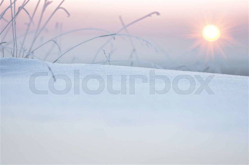 Sun and snow in the early morning in winter, stock photo