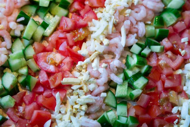 Sandwich layer cake Topping consisting of cucumber, eggs, and tomato, stock photo