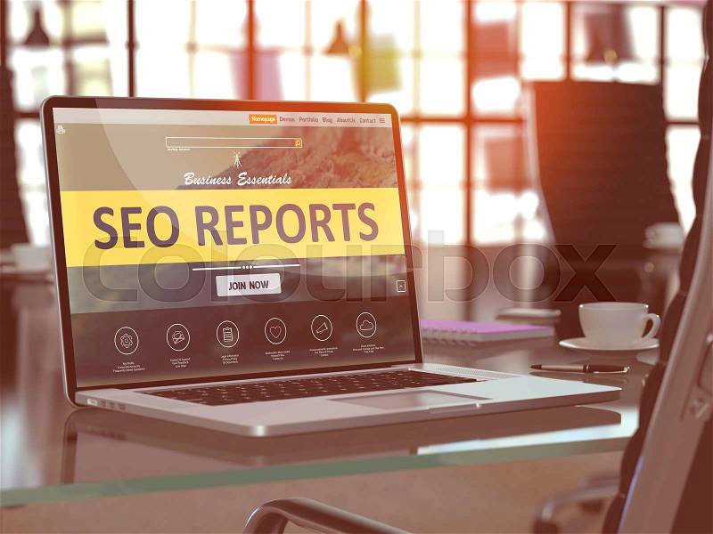 SEO - Search Engine Optimization - Reports Concept. Closeup Landing Page on Laptop Screen on background of Comfortable Working Place in Modern Office. Blurred, Toned Image, stock photo