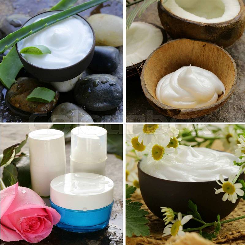 Collage of natural organic cosmetics lotion, stock photo