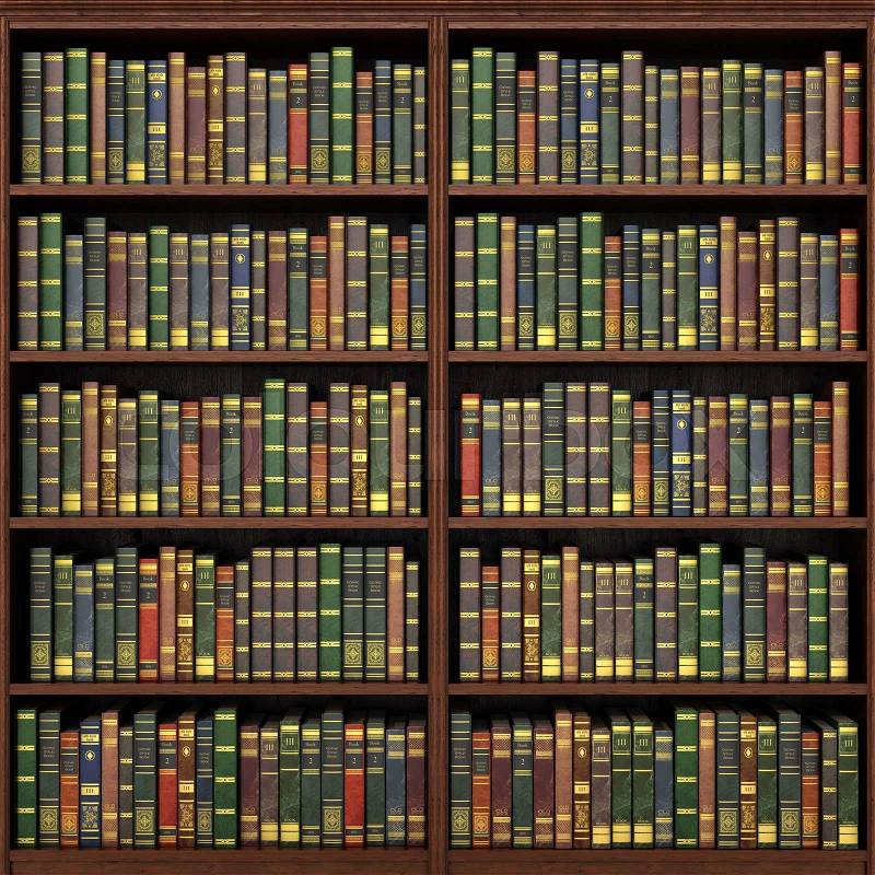 Bookshelf full of books background. Old library, stock photo