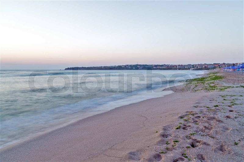 Beach sand morning sea waves landscape, stock photo