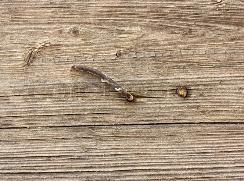 Rusty nail in old wood, shallow focus, stock photo