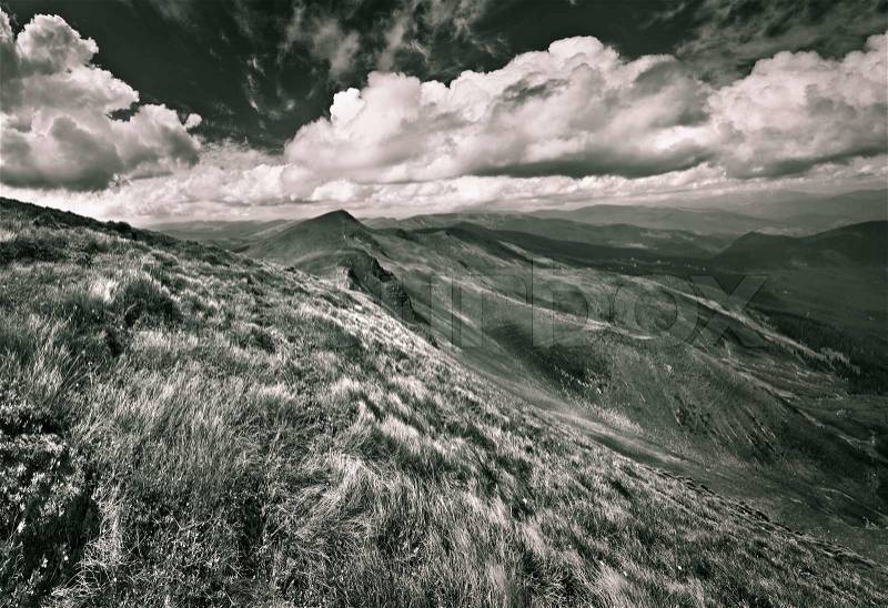 Summer landscape in the mountains, black and white, stock photo