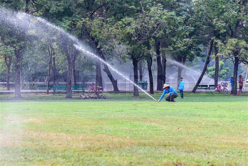 Gardener water lawn using water sprinkler system, stock photo