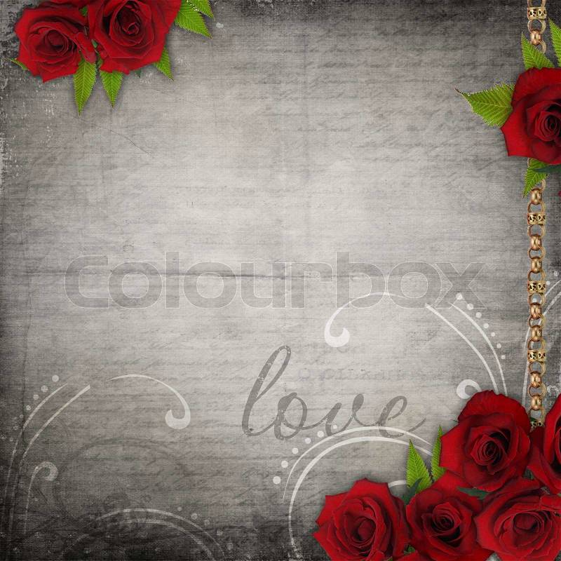 Bronzed vintage frames on old grunge background with red roses and lace, stock photo