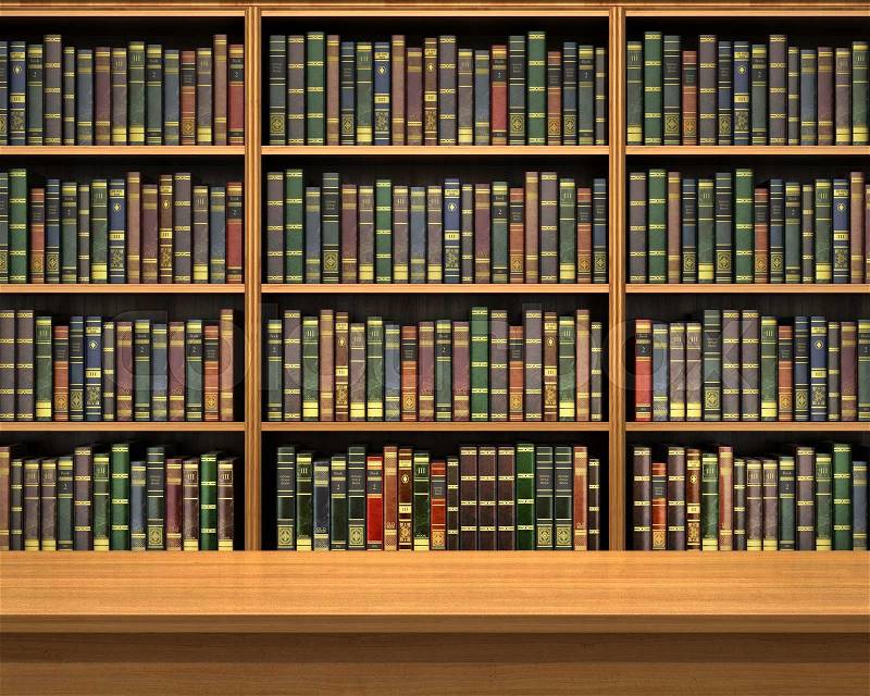 Table on background of bookshelf full of books . Old library, stock photo